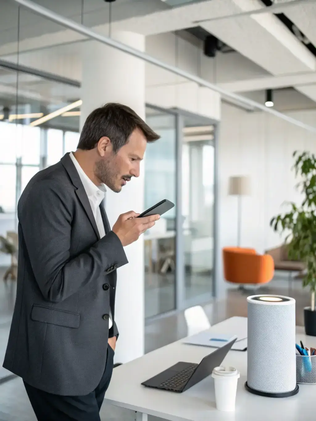 A person using a voice assistant on their phone in a modern office setting, showcasing the ease of use and integration of AI in daily tasks.